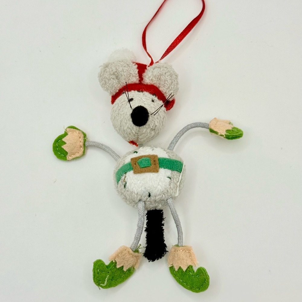 Vintage Festive Mouse in Santa Hat Felt Plush Christmas Ornament 5”